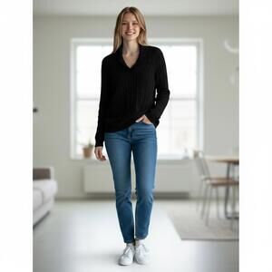 Chaps Women's Size Large Black Cable Knit V-Neck Sweater Cozy Fall Winter Casual